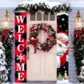 Christmas door banners featuring red buffalo plaid WELCOME and Santa Claus design for decor - 30x150cm / SDL-006