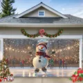 Christmas garage door banner cover featuring a cute skating snowman holiday decor - Cartoon Snowman Skating (CK-004) / 400x180cm