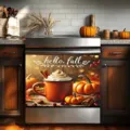 Autumn dishwasher magnet featuring a cozy pumpkin spice latte and harvest pumpkins - Autumn Pumpkin Coffee Hello Fall Pattern (XYJT-005) / 58.5x66cm (Waterproof Polyester Fabric Four Corner Magnets)