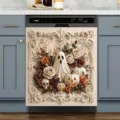 Autocollant décoratif pour lave-vaisselle Halloween avec fantôme citrouille et cadre fleuri - 58.5x66cm (Aimants aux Quatre Coins ou Velcro) / Citrouille Fantôme en Relief (XYJT-007)