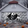 Terrifying Halloween garage door banner featuring a 3D skeleton emerging from a stone wall - 3D Skeleton Wall Breaking (CK-003) / 400x180cm