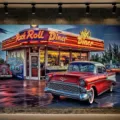 Retro 50s Rock Roll Diner backdrop featuring a classic red vintage car for party decor - SBJ-005 / 95x75cm / Colorful