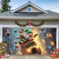 Festliches Garagentor-Banner für Weihnachten mit Cartoon-Elf und Rentier in gelbem Auto - Elf & Rentier gelbes Auto (CK-005) / 400x180cm