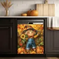 Thanksgiving scarecrow dishwasher cover with autumn leaves and sunflower print - Scarecrow Sunflower Pumpkin Pattern (DAXYJT009) / 58.5x66cm (Waterproof Polyester Fabric Four Corner Magnets)