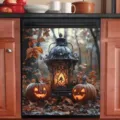 Autocollant Halloween pour lave-vaisselle avec lanterne vintage et citrouilles - 58.5x66cm (Aimants aux Quatre Coins ou Velcro) / Lanterne Vintage et Citrouille (XYJT-008)
