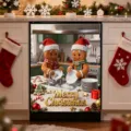 Christmas dishwasher door sticker with cute gingerbread men washing dishes and Merry Christmas - 58.5x66cm (Four Corner Magnets Or Hook And Loop) / XYJT-004