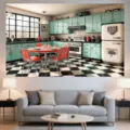 Retro 50s Diner kitchen theme backdrop for birthday party decoration in living room - 50s Diner Theme (SBJ-006) / 95x75cm