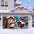Weihnachts Garagentor Banner mit North Pole Schild und rotem Vogel im Schnee - Nordpol-Schild & Vogelhaus (CK-006) / 400x180cm
