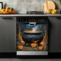 Couvercle magnétique décoratif pour lave-vaisselle Halloween avec chaudron et citrouilles - 58.5x66cm (Aimants aux Quatre Coins ou Velcro) / Chaudron de Sorcière et Citrouille (XYJT-009)