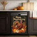 Thanksgiving dishwasher magnetic cover featuring festive turkey, pumpkins, and autumn leaves. - Happy Thanksgiving Turkey Pumpkin Pattern (XYJT-008) / 58.5x66cm (Waterproof Polyester Fabric Four Corner Magnets)