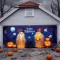 Large Halloween garage door banner featuring cute glowing ghosts and festive pumpkins - Wizard Ghost (CK-005)