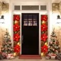 Festive Christmas door banners featuring vibrant red poinsettias and gold ornaments - Poinsettia Style (SDL-012) / 30x150cm