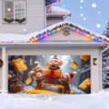 Festliches Weihnachts-Garagentorbanner mit Zeichentrickmäusen und gelbem Auto-Design für den Garten - Mäuse tragen Geschenke (CK-007) / 400x180cm
