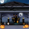 Spooky Halloween garage door banner featuring haunted castle pumpkin and bat night decoration - Silhouette Castle (CK-006)