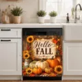Autumn dishwasher magnet cover with pumpkins and sunflowers, Hello Fall design - Sunflower Pumpkin Hello FALL Pattern (XYJT-010) / 58.5x66cm (Waterproof Polyester Fabric Four Corner Magnets)
