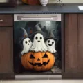 Autocollant de lave-vaisselle d'Halloween avec fantômes et citrouille lanterne - 58.5x66cm (Aimants aux Quatre Coins ou Velcro) / Trois Fantômes et Citrouille (XYJT-011)
