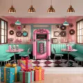 Retro 50s diner theme background cloth with pink jukebox for birthday party decoration - 95x75cm