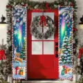 Festive Christmas door banners featuring reindeer and snow scenery on red door - Aurora Reindeer Style (SDL-014) / 30x150cm