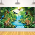 Amazon rainforest jungle photography backdrop featuring leopard and waterfall print - SBJ-001 / 95x75cm