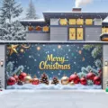 Festliches Weihnachtsbanner für Garagentore mit Merry Christmas Ornament-Druck - Blauer Hintergrund Goldener Segen (CK-011) / 400x180cm