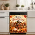 Thanksgiving dishwasher magnetic cover with cartoon turkey and pumpkin autumn decor - Grateful Happy Thanksgiving Turkey Lantern Pattern (XYJT-013) / 58.5x66cm (Waterproof Polyester Fabric Four Corner Magnets)