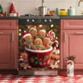 Festive Christmas dishwasher magnet cover with gingerbread men and candy canes - Gingerbread Man Style (XYJT-011)