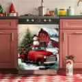 Festive Christmas dishwasher door cover featuring red truck and snowman winter scene print - Christmas Red Truck Style (XYJT-012)