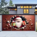 Weihnachts-Garagentor-Banner mit einem 3D-Weihnachtsmann-Motiv durch die Ziegelwand - 3D Mauerbruch Weihnachtsmann (CK-013) / 400x180cm