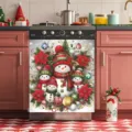 Festive Christmas dishwasher door sticker featuring cute snowmen and poinsettias design. - Snowman and Star Style (XYJT-021)