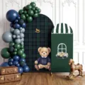 Geruite teddybeer gebogen achtergrondhoezen voor babyshower en verjaardagsdecoratie - Polyester Geruite Beer Thema Stijl (GX-010) / 80x180cm+120x220cm