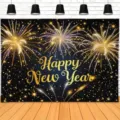 Happy New Year photography backdrop with golden fireworks and bokeh lights - New Year Backdrop (SBJ-007) / 95x75cm