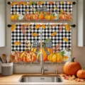Autumn kitchen curtain set with buffalo plaid and pumpkin print for cozy seasonal decor - Two Tiers (66x91cm) / Buffalo Plaid Pumpkin (CL-001)