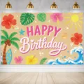 Tropical summer island birthday party backdrop with palm trees waves and hibiscus flowers - Style SBJ-009
