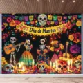 Dia de Muertos Hintergrund mit Skeletten und Blumen für festliche Partydekoration - Mexikanischer Tag der Toten Gitarren-Skelett-Stil (DABJB101) / 95x75cm