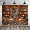 Sfondo fotografico autunnale del Ringraziamento con zucche rustiche e foglie d'acero - Tema Foresta Autunnale Zucca (SBJ-004) / 95x75cm