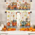 Festive Thanksgiving kitchen curtain set featuring pumpkin and maple leaf prints in rustic style - Two-Piece Set (CL-001) / Small Curtain 66x91cm