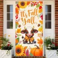 Pancarta de puerta de otoño con vaca de dibujos animados y girasoles decorativos - Vaca de Otoño (ML-004) / 90x180cm