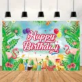 Happy Birthday summer island backdrop with tropical palm leaves and flamingos - Style SBJ-001 / 95x75cm