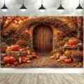 Sfondo fotografico autunnale per Ringraziamento con zucche e foglie d'acero rosse - 95x75cm