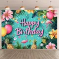 Summer island birthday backdrop with flamingos, pineapples and palm leaves - Style SBJ-002 / 95x75cm