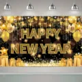 Festive Happy New Year party backdrop with gold glitter balloons and gift box elements - New Year Backdrop (SBJ-010) / 95x75cm
