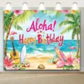 Tropical summer island beach birthday backdrop featuring palm trees and flamingos - Style SBJ-004 / 95x75cm