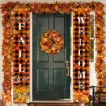 Thanksgiving door banners with buffalo plaid, pumpkins and maple leaves print - Plaid Harvest Squirrel Turkey (SDL-010)