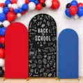 Back to school arch backdrop covers set with red blue and chalk-style patterns - Red Blue Black Solid & Printed (SGX-004) / 65x150cm + 80x180cm + 50x120cm (Set of 3) / Multicolor (Polyester 3-Piece Set)
