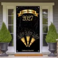 Festive Happy New Year 2027 door banner decoration in premium black and gold theme - 2027 New Year Black Gold Ribbon Style (ML-001) / 90x180cm