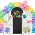 Vibrant Back to School arch backdrop set with rainbow balloon arch decoration for classroom - Welcome Back Illustration (SGX-002) / 65x150cm + 80x180cm + 50x120cm (Set of 3) / Multicolor (Polyester 3-Piece Set)