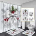 Christmas bathroom 4-piece set with elegant white bow and holly berry pattern decoration - Single Shower Curtain 90x180 / Silver-White Bow Style (YL-002)