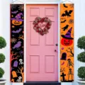 Halloween cartoon porch sign banner set with pumpkin and skeleton for outdoor front door decor. - Spooky Cartoon Style (SDL-002) / 30x150cm