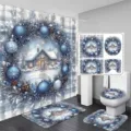 Blue Christmas 4-piece bathroom set with shower curtain, mats, and wintry cabin wreath design - YL-003 / Single Shower Curtain 90x180cm