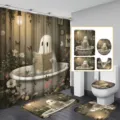 Halloween 4-teiliges Badezimmer Set mit Gespenst im Badewannen Duschvorhang und Matten - YL-002 / Einzelner Duschvorhang 90x180cm